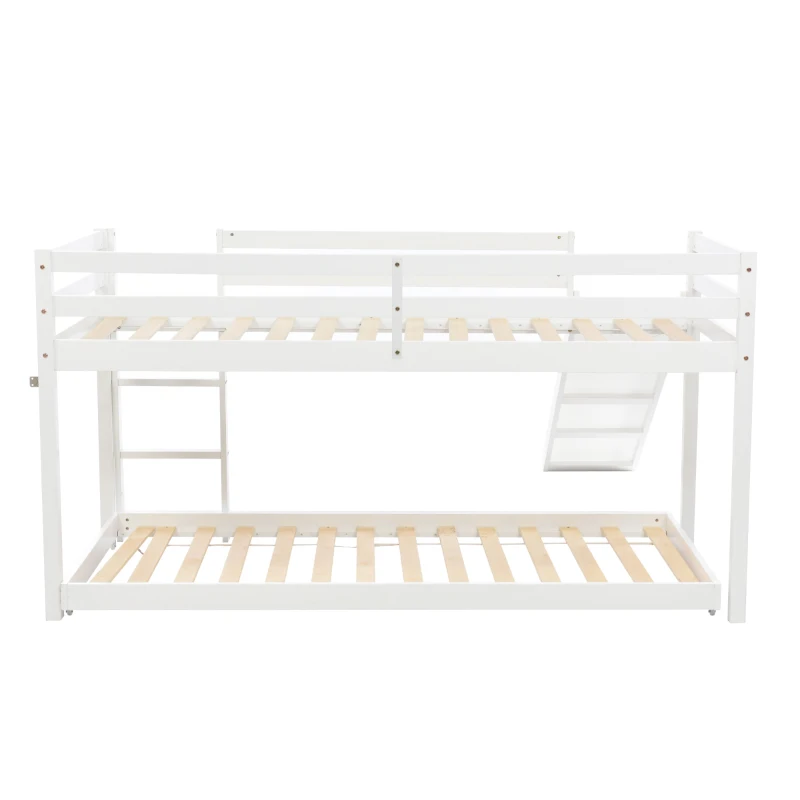 Children's Cabin Bunk Bed Frame with Slide & Ladder, Adjustable Lower Bed, Kids Storage, 207x215x110cm, White