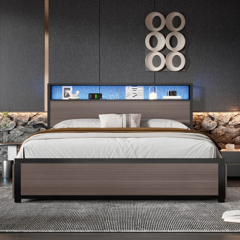 Metal Double Bed with LED Light Strip, 4 Drawers, and 3 USB Ports, , Ideal for Home and Bedroom Furniture, 207x135.5x105 cm, Gray