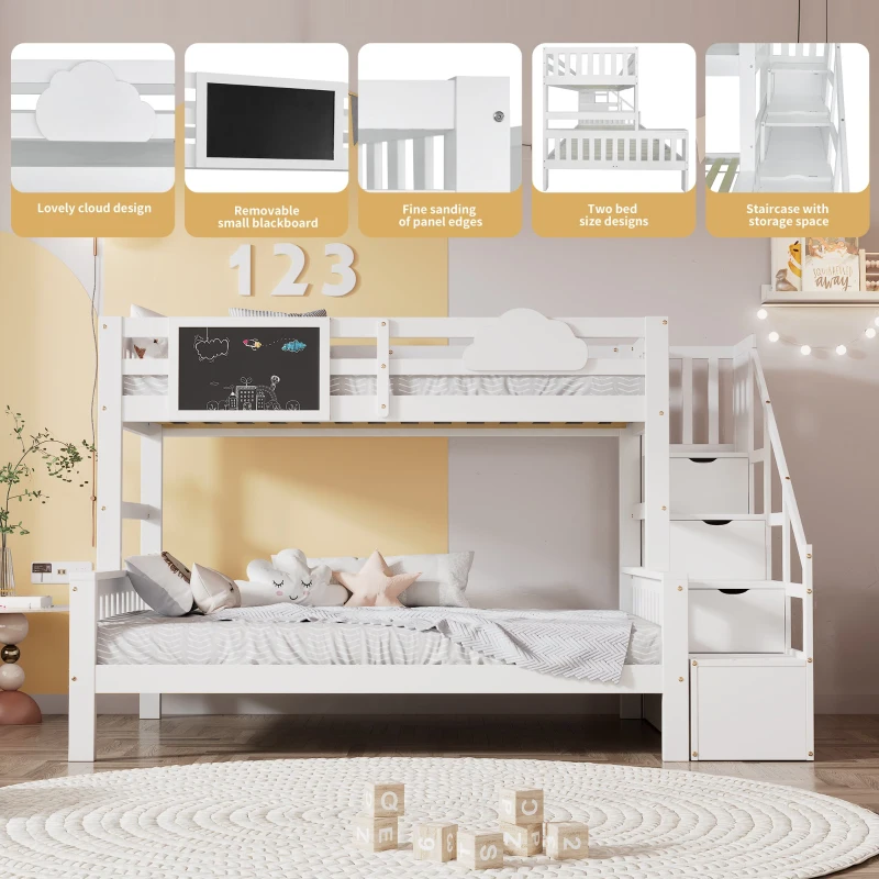 Children's Bunk Bed with Stairs and Trundle, Solid Pine Wood, Cloud Design, Multiple Storage Compartments, Kids Storage Solution, 234x140x139 cm, White