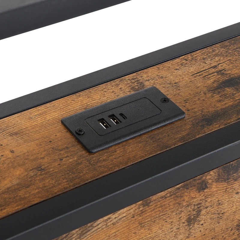Single Metal Bed with LED Light Strip, Drawer, and USB Ports, Home and Furniture Bedroom Furniture, 207.5x90.5x105 cm, Black + Dark Walnut