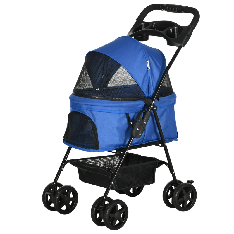 PawHut Hundebuggy Hundewagen bis 4 kg Klappbar Netzfenster Bodenkorb Becherhalter abnehmbares Dach blau 67 x 45 x 96 cm