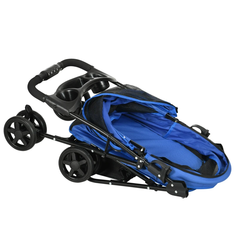 PawHut Hundebuggy Hundewagen bis 4 kg Klappbar Netzfenster Bodenkorb Becherhalter abnehmbares Dach blau 67 x 45 x 96 cm