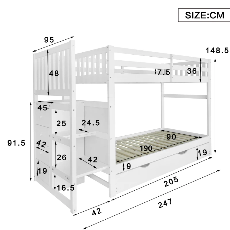 Triple Bunk Bed, Solid Pine Wood Frame with Ladder and Four Drawers, Space-Saving Design, 247x95x48.5 cm, White