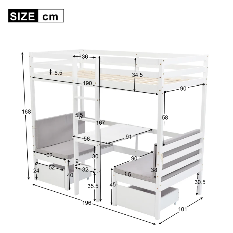 Functional Loft Bunk Bed with Desk and Storage, Twin Bedframe with Drawers and Cushions, Space-Saving Design, 196x101x168 cm, White