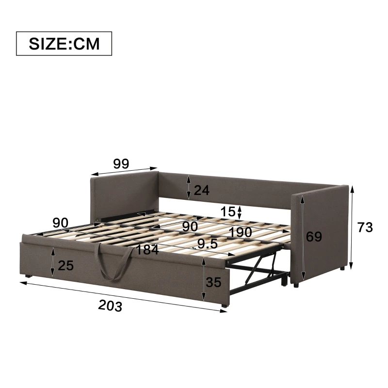 Upholstered Single Sofa Bed with Pull-Out Bottom Bed, Converts to Double Sofa Bed, Space-Saving Daybed, 203x191x73 cm, Gray