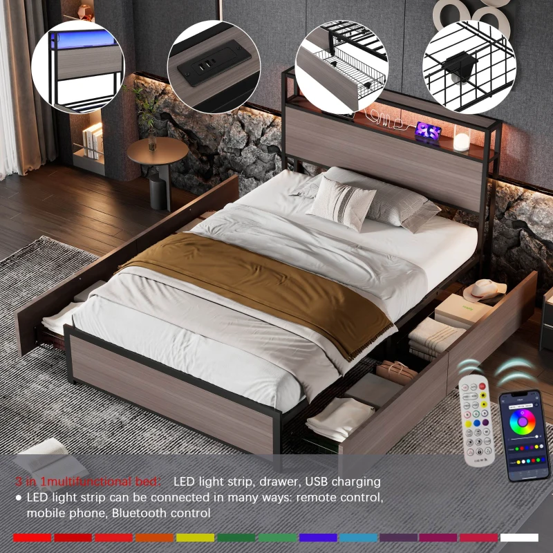 Metal Single Bed with LED Light Strip, 4 Drawers, and 3 USB Ports, Ideal for Home and Bedroom Furniture, 207x90.5x105 cm, Grey