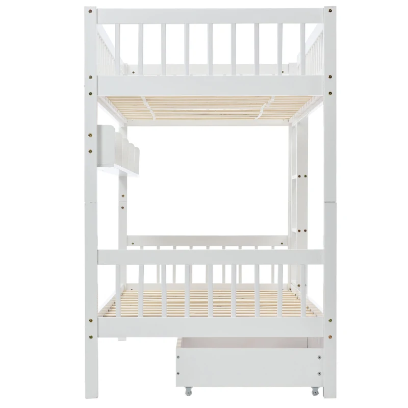 Bunk Bed for Kids, Solid Pine Wood Frame with Under Bed Drawer Storage and Shelves, Ideal for Kids Storage, 198x99.5x152 cm, White