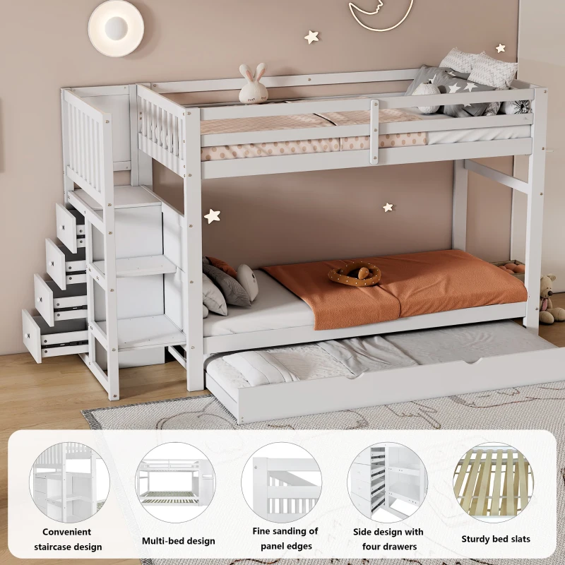 Triple Bunk Bed, Solid Pine Wood Frame with Ladder and Four Drawers, Space-Saving Design, 247x95x48.5 cm, White