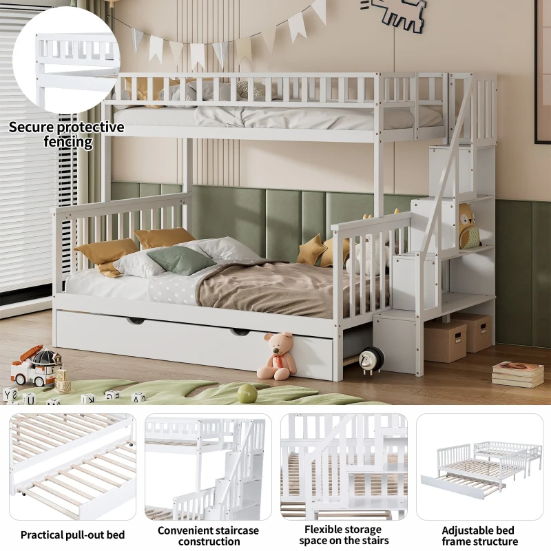Bunk Bed with Stairs and Trundle, Solid Pine Wood Frame, Converts to Two Single Beds, Ideal for Guest Rooms and Kids' Storage, 213.3x108x159 cm, White