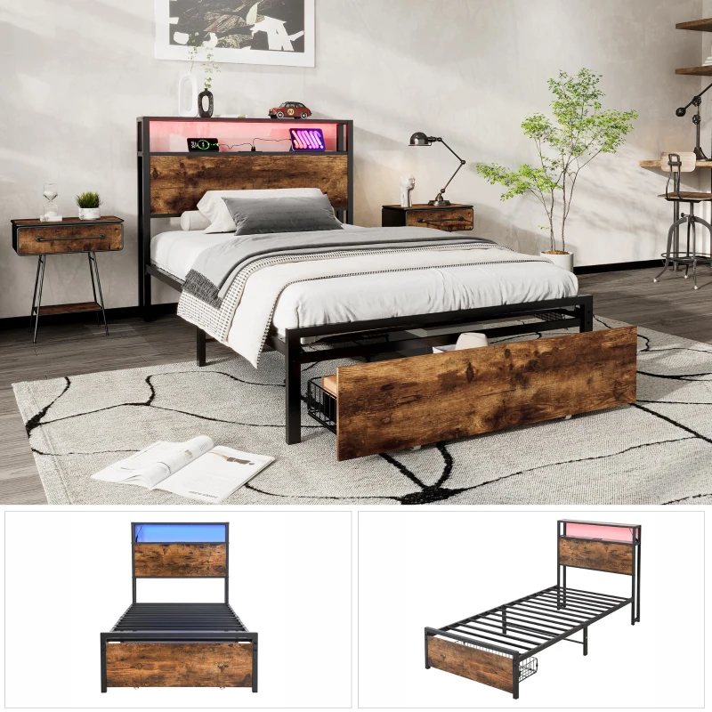 Single Metal Bed with LED Light Strip, Drawer, and USB Ports, Home and Furniture Bedroom Furniture, 207.5x90.5x105 cm, Black + Dark Walnut