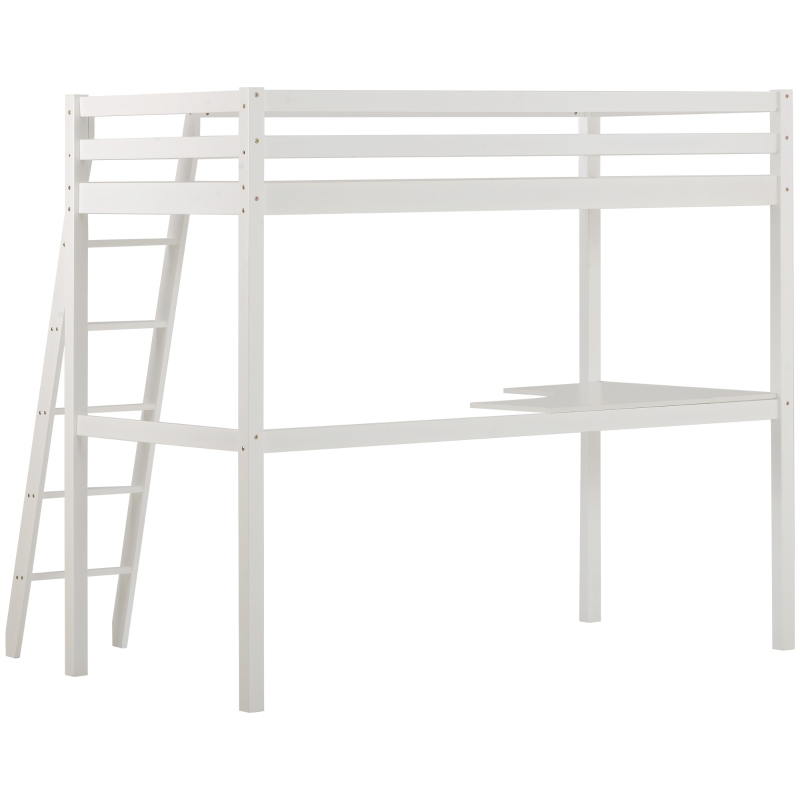 Single 3FT Loft Bed Frame with Desk, High Sleeper Bunk Bed for Children, Solid Pine Wood, 198x97x172 cm, White