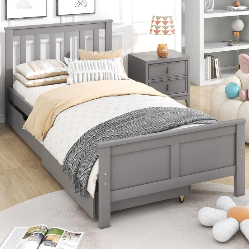 Wooden Pine Divan Storage Bed with Drawers, Solid Slatted Base, 3ft Single, 196x100x82 cm, Gray