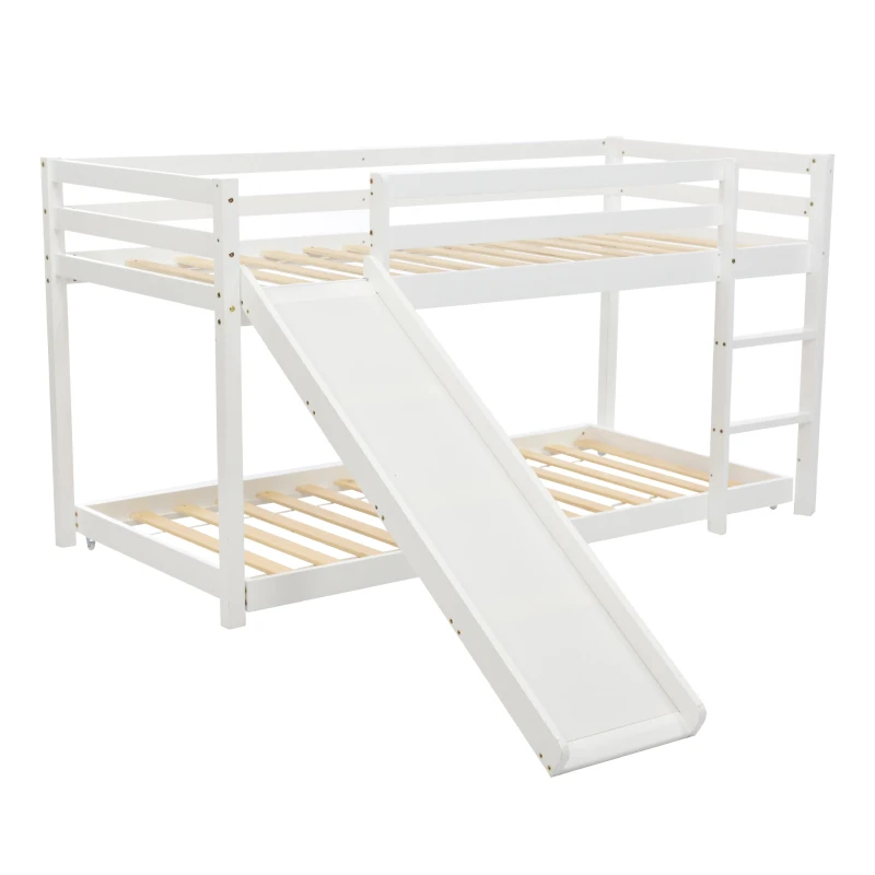 Children's Cabin Bunk Bed Frame with Slide & Ladder, Adjustable Lower Bed, Kids Storage, 207x215x110cm, White