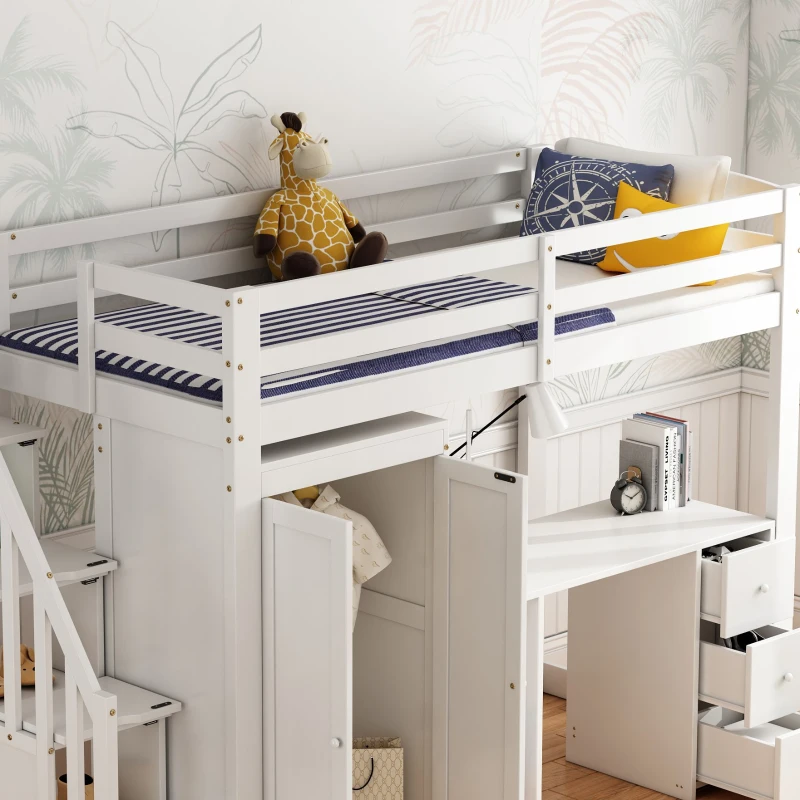 Bunk Bed with Wardrobe, Desk, Stairway Storage, Safety Rails, Pinewood Frame, Ideal Kids Storage and Bedroom Furniture, 230x94x160 cm, White