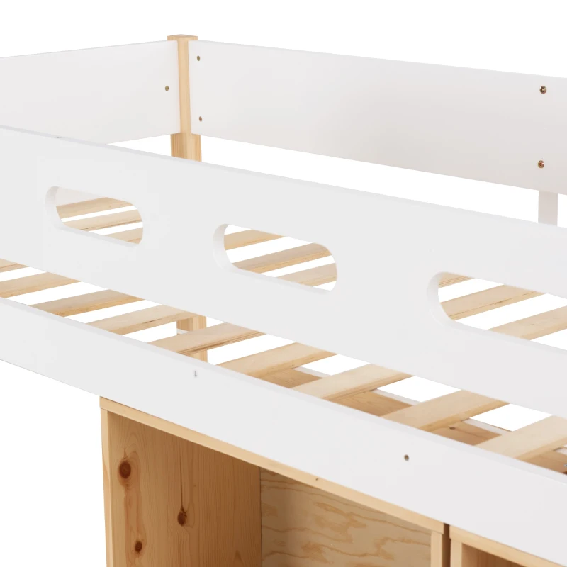 Loft Bed Children Single Sofa Bed Mid Sleeper with Movable Cabinet and Storage, 3FT Bed 200x101x100 cm, White