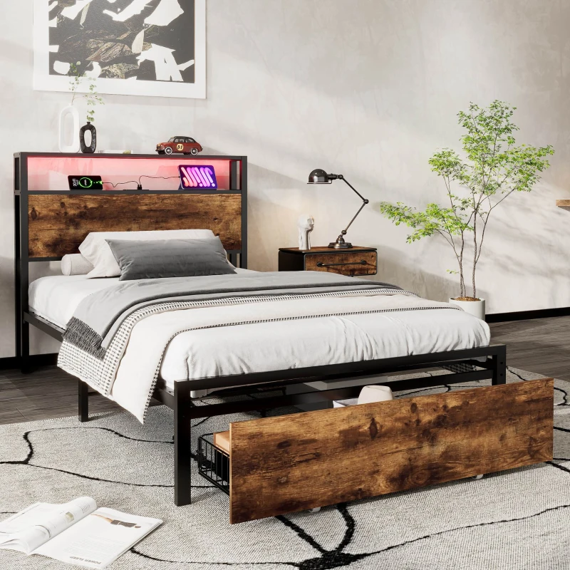 Single Metal Bed with LED Light Strip, Drawer, and USB Ports, Home and Furniture Bedroom Furniture, 207.5x90.5x105 cm, Black + Dark Walnut