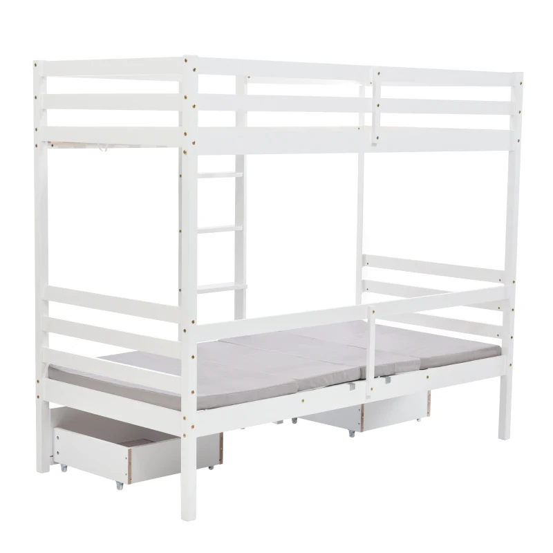 Functional Loft Bunk Bed with Desk and Storage, Twin Bedframe with Drawers and Cushions, Space-Saving Design, 196x101x168 cm, White