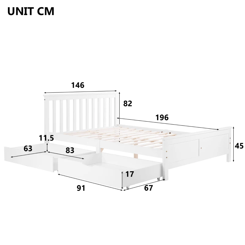Wooden Solid Pine Divan Storage Bed with Drawers, Double Bed Frame for Adults and Kids, 196x146x82 cm, White