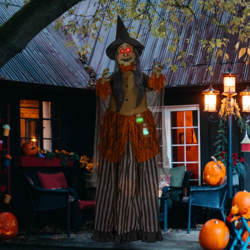 HOMCOM Heks met Toverdrank, Halloween Decor, Griezelige Geluiden, Rode Ogen, Beweegbaar, 183 cm(m-2)