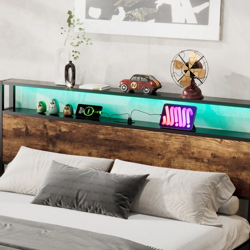 Metal Double Bed with LED Light Strip, 4 Drawers, and 3 USB Ports, Ideal for Home and Bedroom Furniture, 207.5x135x105 cm, Black + Dark Walnut