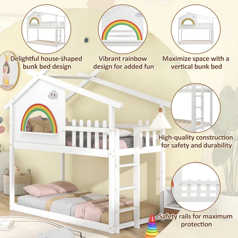 Children's Bunk Bed Frame with Ladder, House Bed, Space-Saving Design, Ideal for Kids' Room Storage, 200.5x98.5x189.5 cm, White