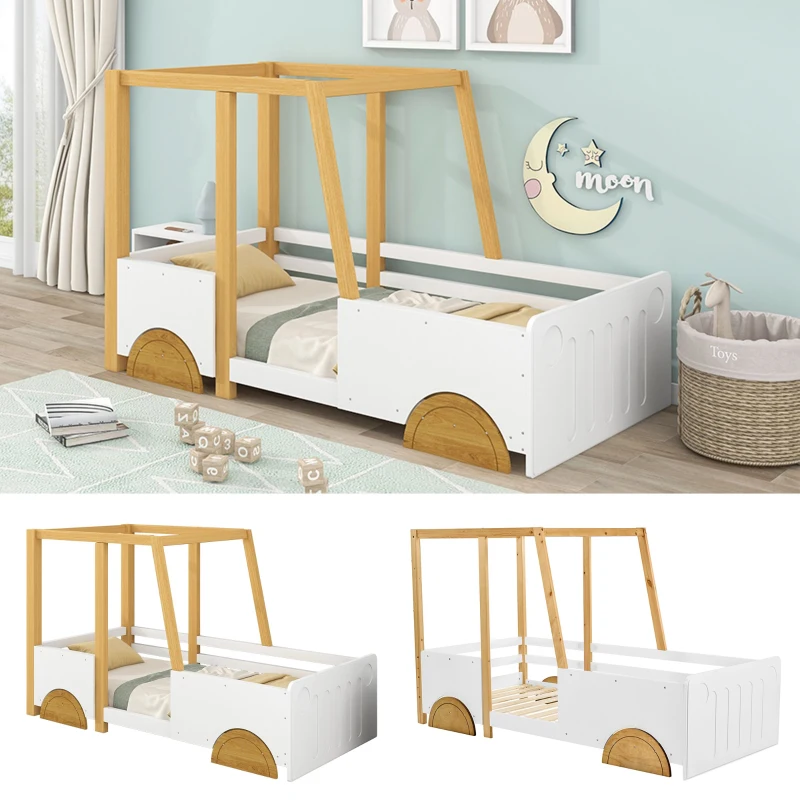 Children's Jeep Bed with MDF Wheels and Pine Frame, Kids SUV Ride On Car Style, 197x95x124 cm, White