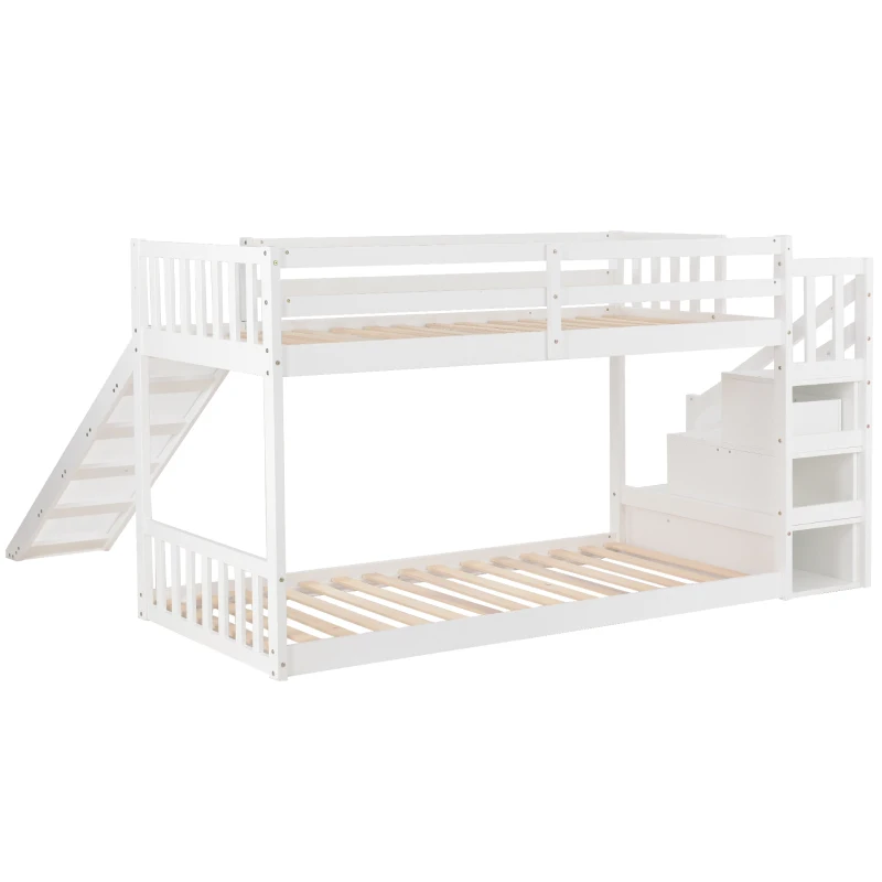 Bunk Bed with Stairs and Slide, Solid Pine Wood Frame, Kids Storage Bed with 2 Drawers, 233x223x125 cm, White