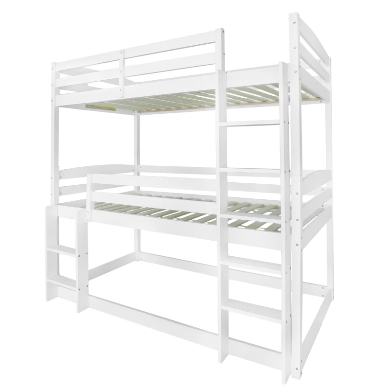 Triple Bunk Bed with Ladder, Solid Pine Wood Frame, Space-Saving Design, 195x96.5x191.5 cm, White