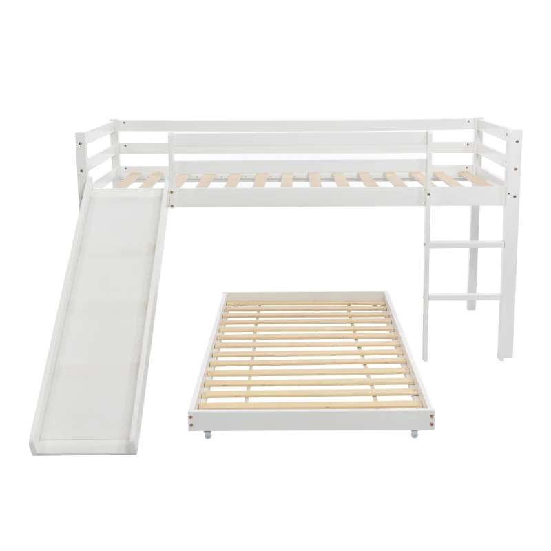 Children's Cabin Bunk Bed Frame with Slide & Ladder, Adjustable Lower Bed, Kids Storage, 207x215x110cm, White