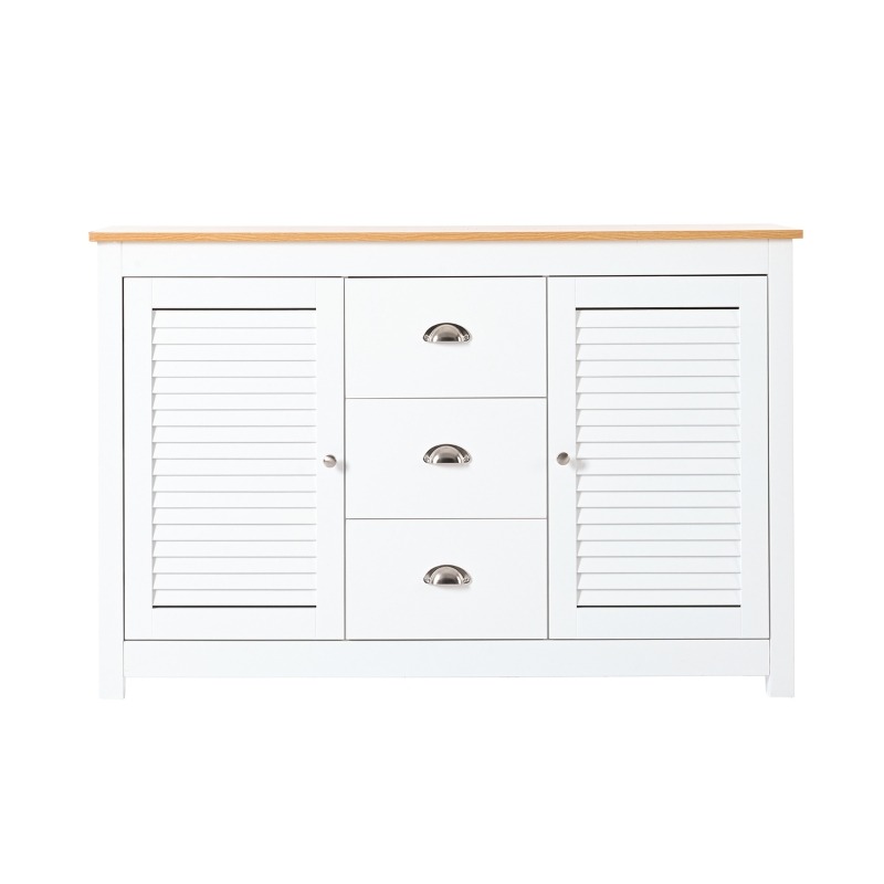 Credenza Moderna in MDF Laccato con 2 Ante e 3 Cassetti, Maniglie in Metallo, 120x35x80 cm, Bianco