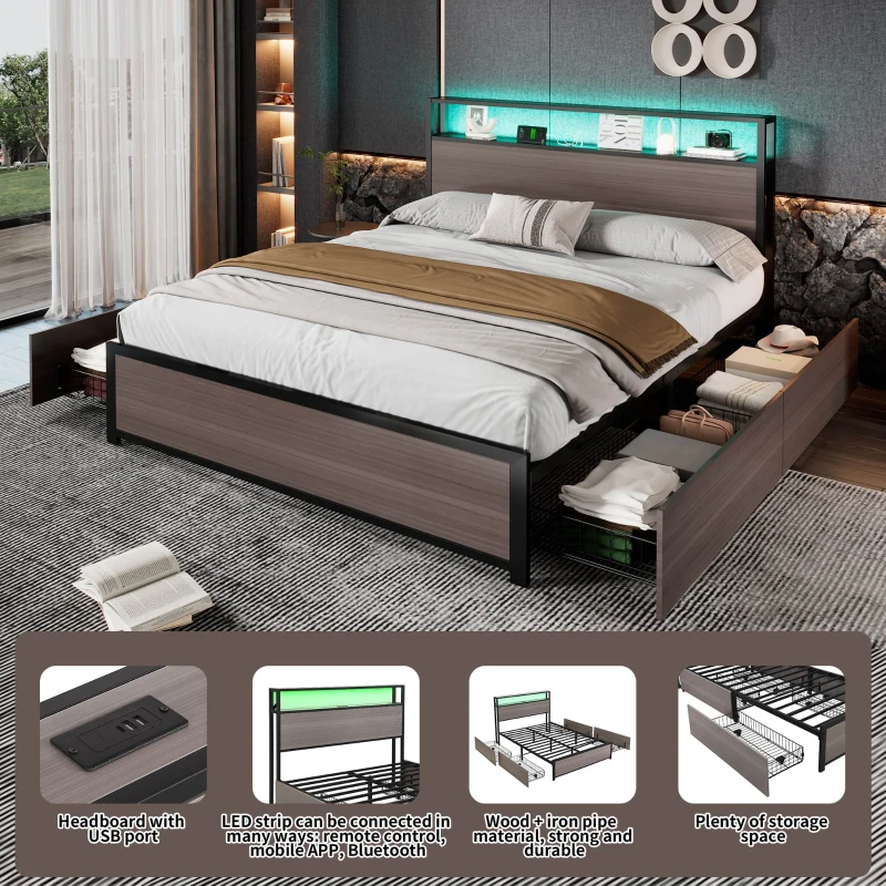 Metal Double Bed with LED Light Strip, 4 Drawers, and 3 USB Ports, , Ideal for Home and Bedroom Furniture, 207x135.5x105 cm, Gray