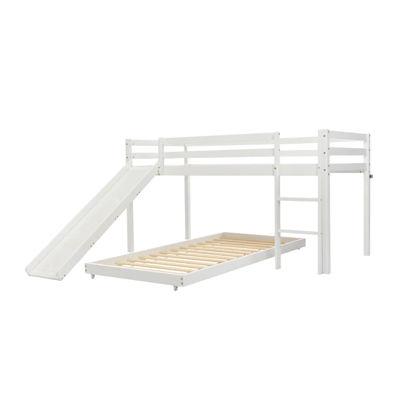 Children's Cabin Bunk Bed Frame with Slide & Ladder, Adjustable Lower Bed, Kids Storage, 207x215x110cm, White