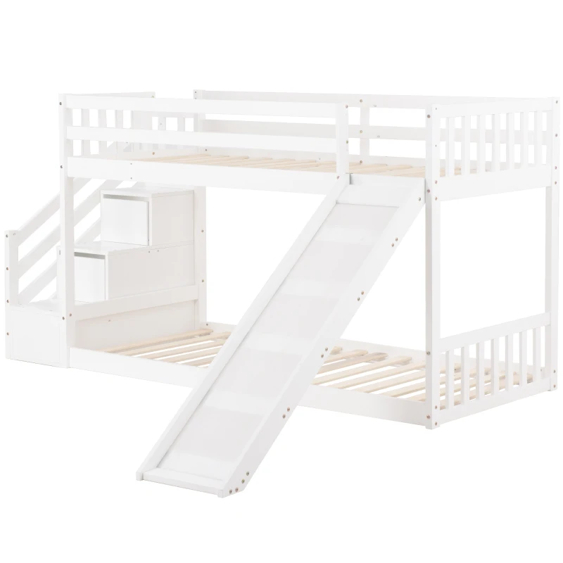 Bunk Bed with Stairs and Slide, Solid Pine Wood Frame, Kids Storage Bed with 2 Drawers, 233x223x125 cm, White