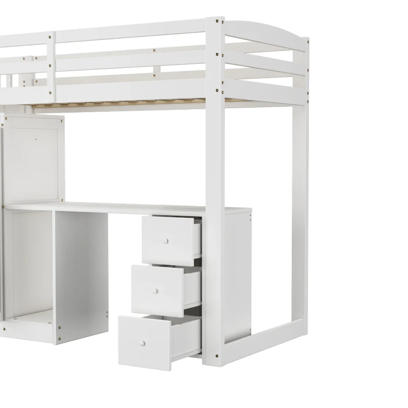 Bunk Bed with Wardrobe, Desk, Stairway Storage, Safety Rails, Pinewood Frame, Ideal Kids Storage and Bedroom Furniture, 230x94x160 cm, White