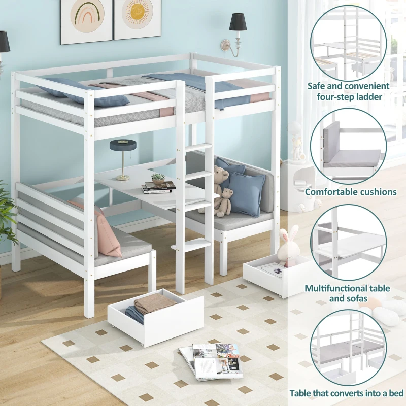 Functional Loft Bunk Bed with Desk and Storage, Twin Bedframe with Drawers and Cushions, Space-Saving Design, 196x101x168 cm, White