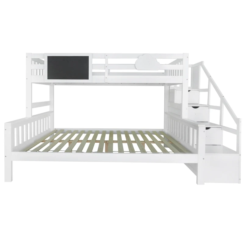 Children's Bunk Bed with Stairs and Trundle, Solid Pine Wood, Cloud Design, Multiple Storage Compartments, Kids Storage Solution, 234x140x139 cm, White