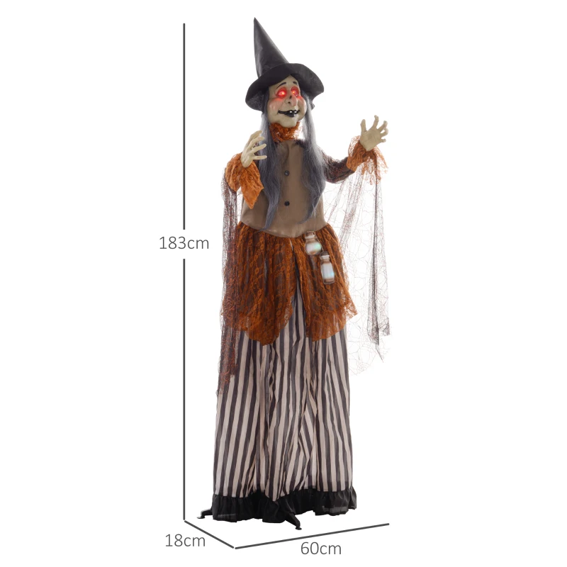 HOMCOM Heks met Toverdrank, Halloween Decor, Griezelige Geluiden, Rode Ogen, Beweegbaar, 183 cm(m-3)