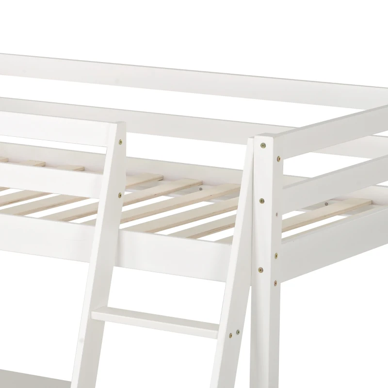 Single 3FT Loft Bed Frame with Desk, High Sleeper Bunk Bed for Children, Solid Pine Wood, 198x97x172 cm, White