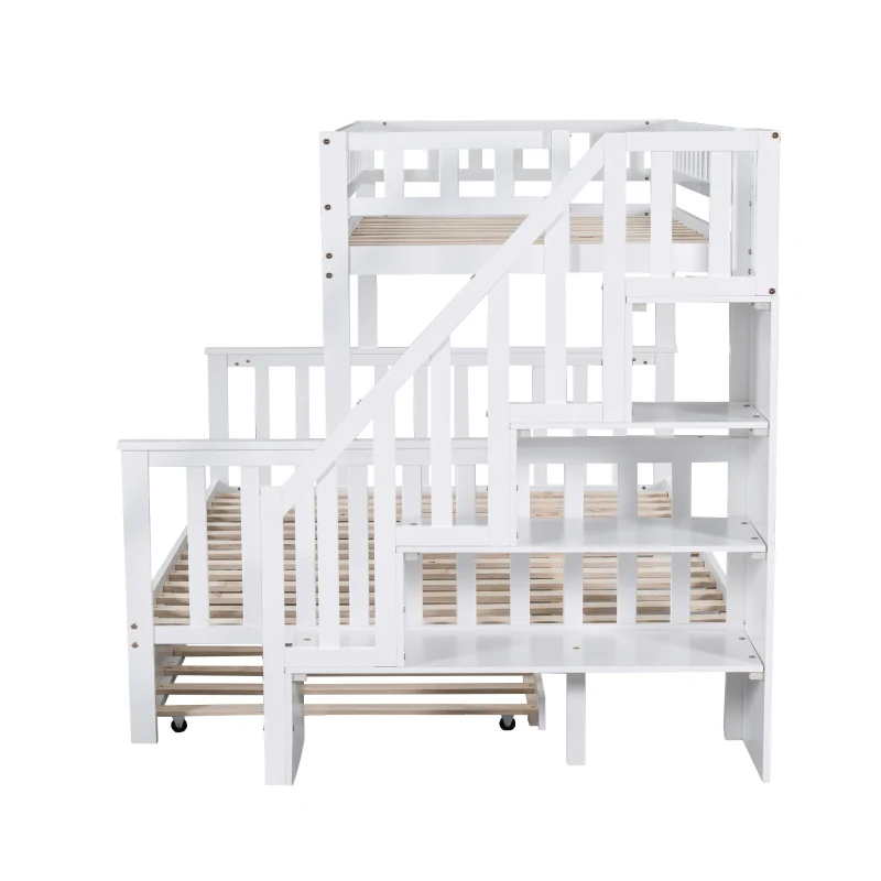 Bunk Bed with Stairs and Trundle, Solid Pine Wood Frame, Converts to Two Single Beds, Ideal for Guest Rooms and Kids' Storage, 213.3x108x159 cm, White