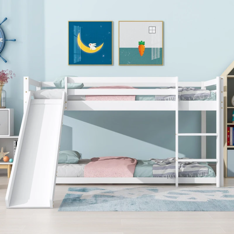 Children's Cabin Bunk Bed Frame with Slide & Ladder, Adjustable Lower Bed, Kids Storage, 207x215x110cm, White