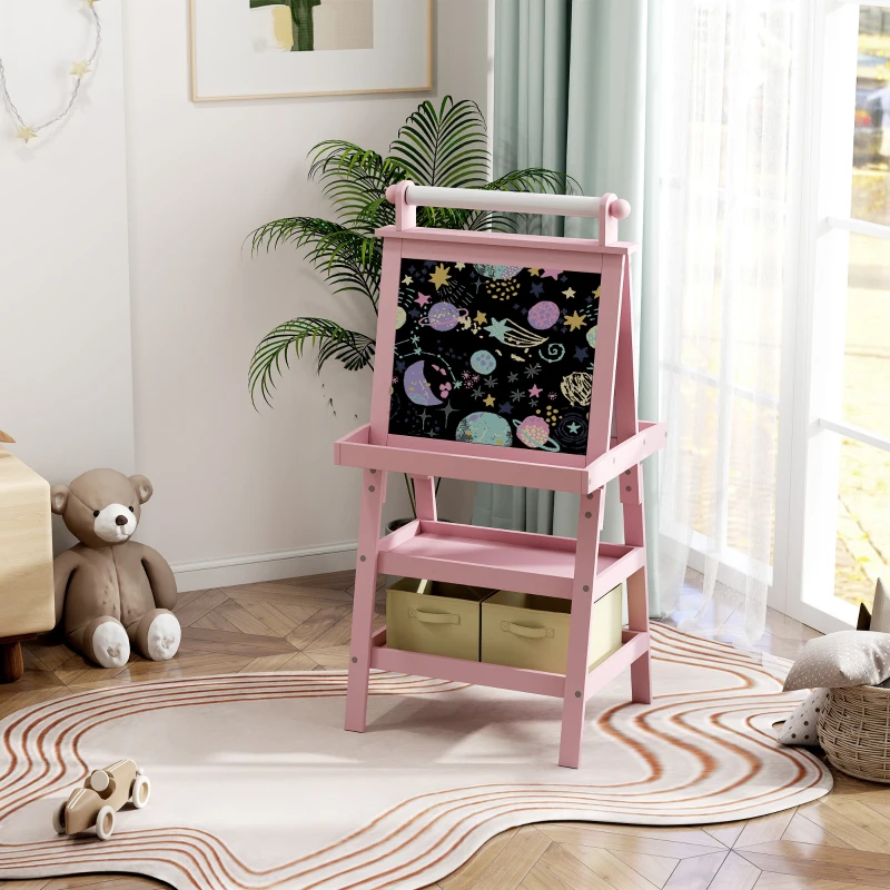 AIYAPLAY 3 in 1 Kids Easel Double-Sided Magnetic Whiteboard and Chalkboard with Paper Roll, Storage Baskets - Pink