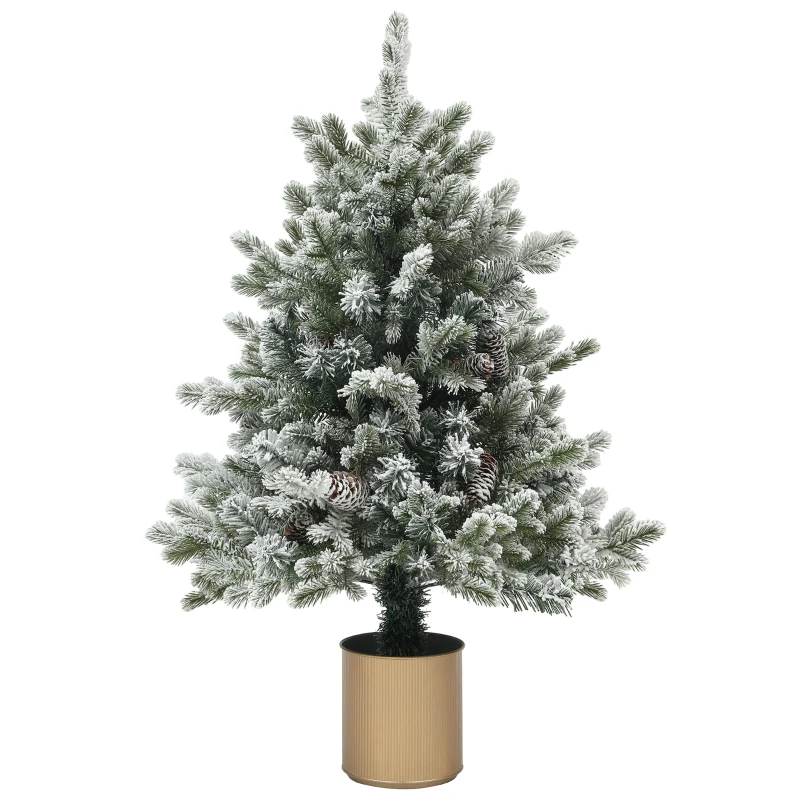HOMCOM Kerstboom met Dennenappels, Sneeuwbedekt, Vlamvertragend, Stabiel, Ø60 x 100H cm, Groen/Goud