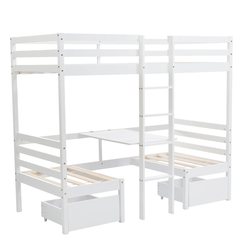 Functional Loft Bunk Bed with Desk and Storage, Twin Bedframe with Drawers and Cushions, Space-Saving Design, 196x101x168 cm, White