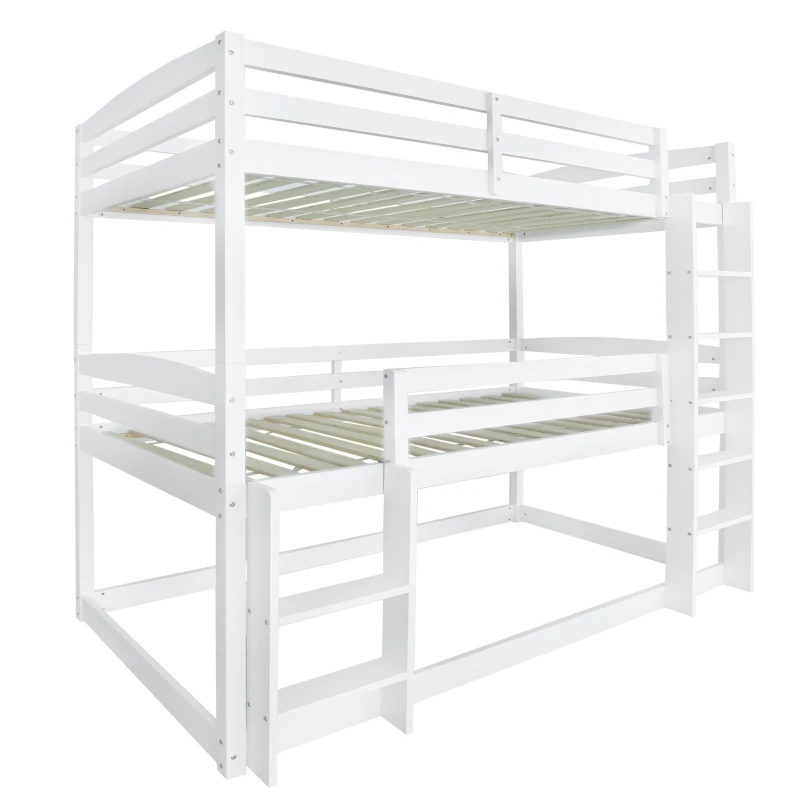 Triple Bunk Bed with Ladder, Solid Pine Wood Frame, Space-Saving Design, 195x96.5x191.5 cm, White