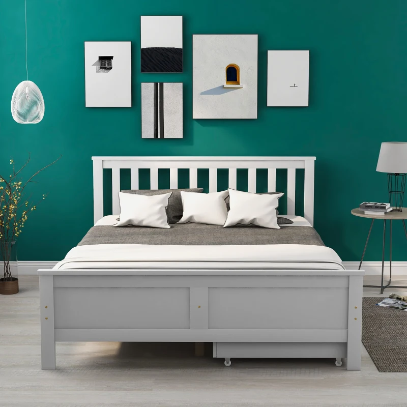 Wooden Solid Pine Divan Storage Bed with Drawers, Double Bed Frame for Adults and Kids, 196x146x82 cm, White