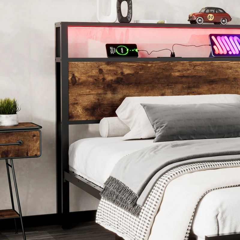 Single Metal Bed with LED Light Strip, Drawer, and USB Ports, Home and Furniture Bedroom Furniture, 207.5x90.5x105 cm, Black + Dark Walnut