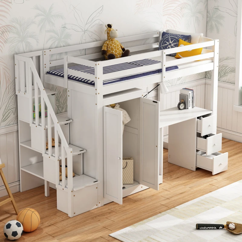 Bunk Bed with Wardrobe, Desk, Stairway Storage, Safety Rails, Pinewood Frame, Ideal Kids Storage and Bedroom Furniture, 230x94x160 cm, White