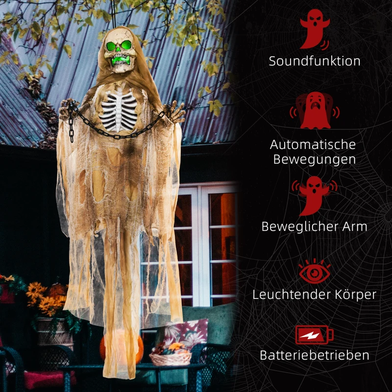 HOMCOM Halloween Decoratie, Hangend Skelet, Lichtgevende Kop, Griezelig Huilen, Buigzame Armen, Kaki(m-7)
