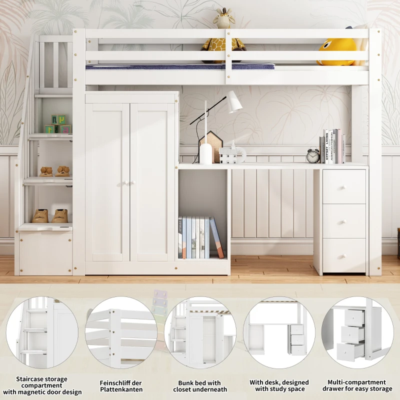 Bunk Bed with Wardrobe, Desk, Stairway Storage, Safety Rails, Pinewood Frame, Ideal Kids Storage and Bedroom Furniture, 230x94x160 cm, White