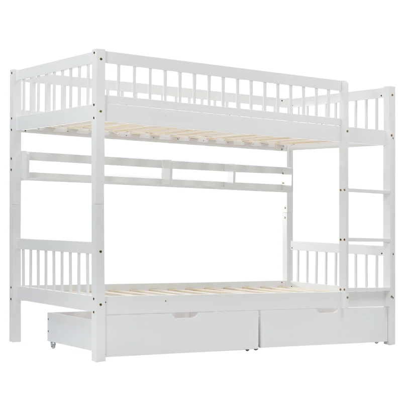 Bunk Bed for Kids, Solid Pine Wood Frame with Under Bed Drawer Storage and Shelves, Ideal for Kids Storage, 198x99.5x152 cm, White